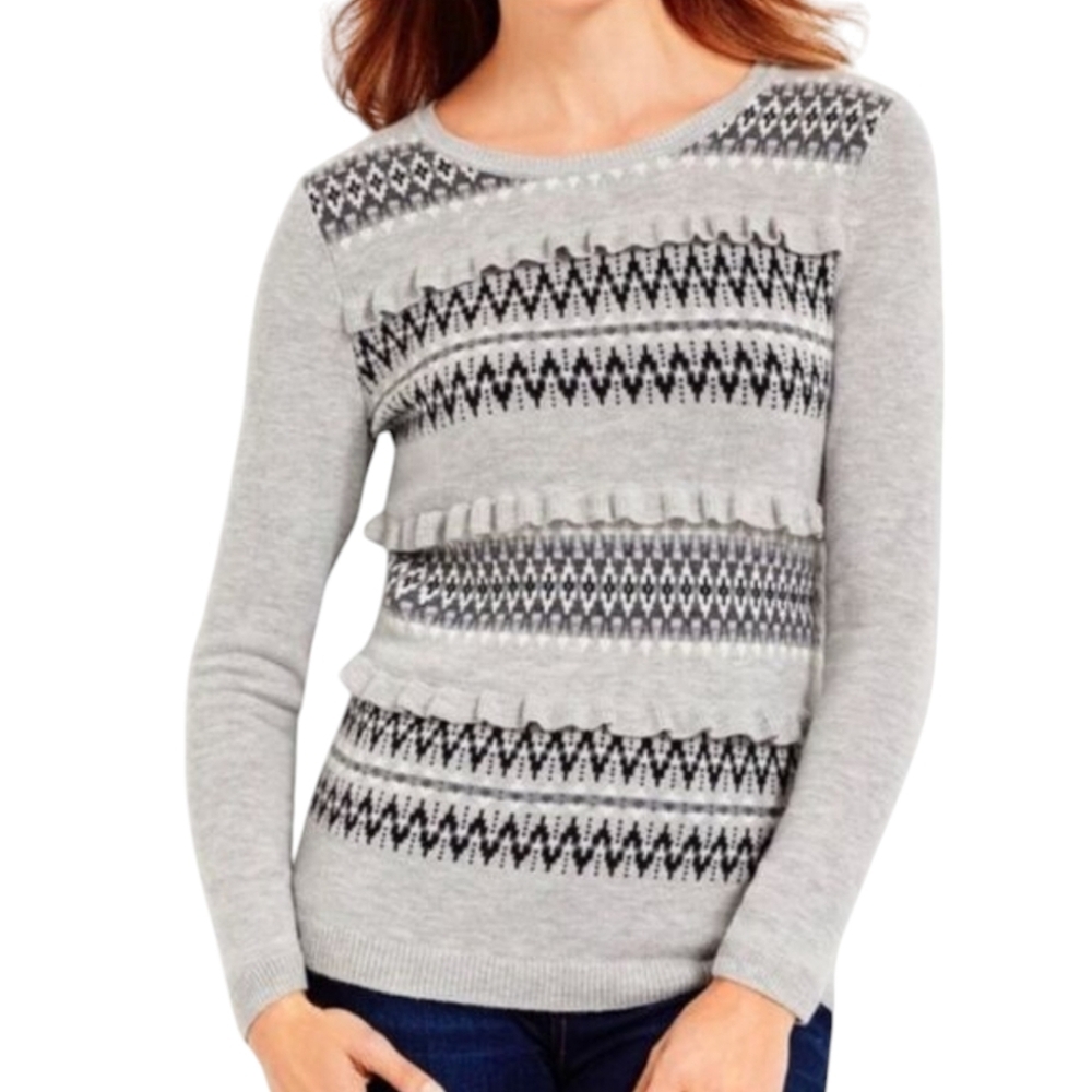Talbots Gray Black Fair Isle Ruffle Sweater L Lambswool Nordic Cozy